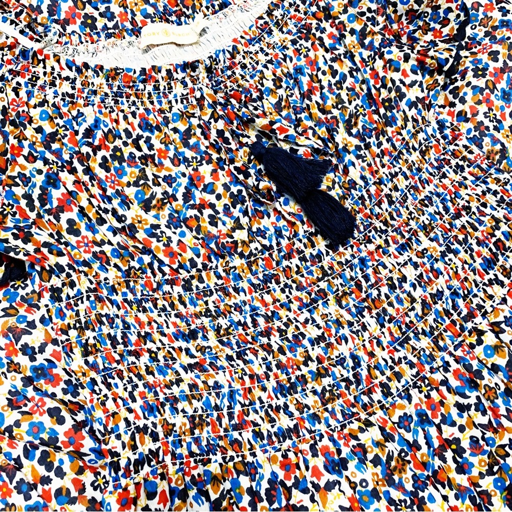 Tory Burch Wildflower Floral Tiered Off shoulder Smoked Navy piping Midi Dress S - Picture 14 of 17